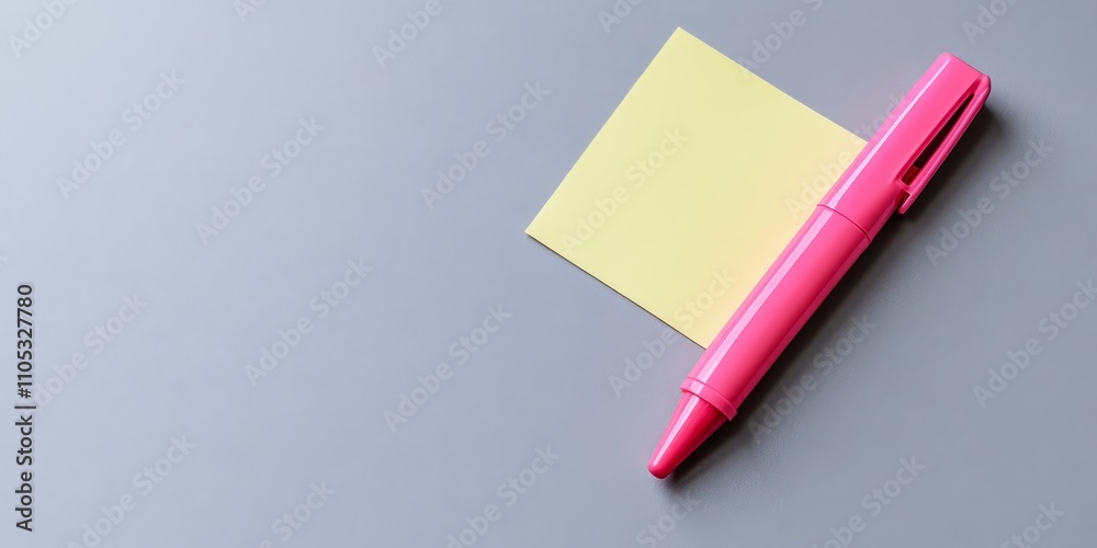 Bright pink marker placed alongside a sticky note on a light grey background, showcasing a flat lay arrangement that highlights the vibrant colors of both the marker and sticky note. Bright pink marker placed alongside a sticky note on a light grey background, showcasing a flat lay arrangement that highlights the vibrant colors of both the marker and sticky note.
