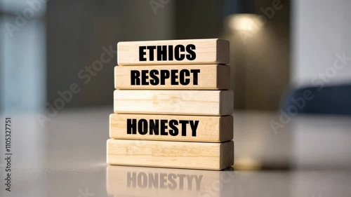 Video footage of Stacked wooden blocks on a reflective surface,emphasizing core values in a simple, yet powerful arrangement