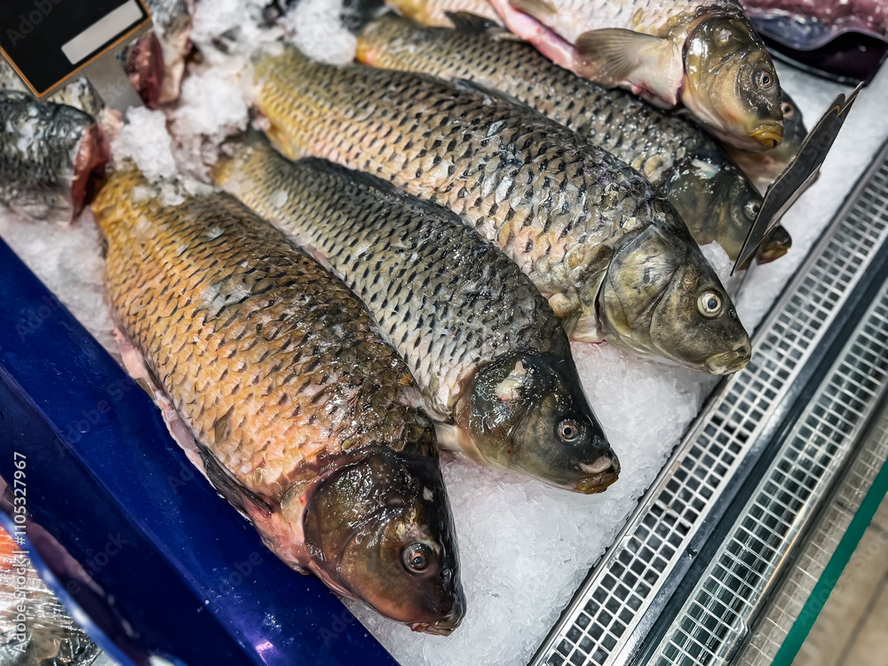 Fresh carp on ice in supermarket, ready for cooking.