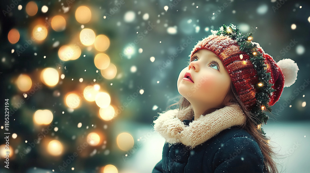 A joyful young girl in a festive Santa hat gazes upward with wonder as she admires falling snowflakes. A joyful young girl in a festive Santa hat gazes upward with wonder as she admires falling snowflakes.