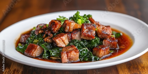 Stir fried kale paired with crispy pork in a rich oyster sauce served on a white plate, showcasing the delightful combination of flavors and textures in this appetizing dish.