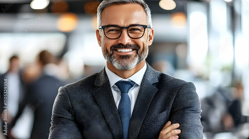 Portrait of a Confident Businessman with a Warm Smile in a Professional Office Setting, Demonstrating Success and Leadership with a Blue Tie and Grey Suit, Capturing the Essence of Modern Business. Portrait of a Confident Businessman with a Warm Smile in a Professional Office Setting, Demonstrating Success and Leadership with a Blue Tie and Grey Suit, Capturing the Essence of Modern Business.