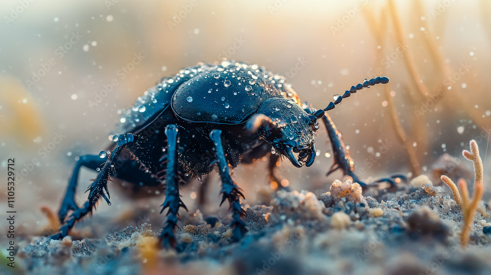 Macro shot of a black desert beetle in the desert, showcasing its wax-coated elytra adorned with tiny droplets of water. Macro shot of a black desert beetle in the desert, showcasing its wax-coated elytra adorned with tiny droplets of water.