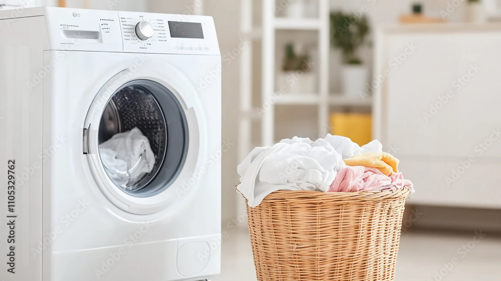 A modern washing machine stands next to a wicker laundry basket filled with clean clothes in a bright, tidy laundry room. A modern washing machine stands next to a wicker laundry basket filled with clean clothes in a bright, tidy laundry room.