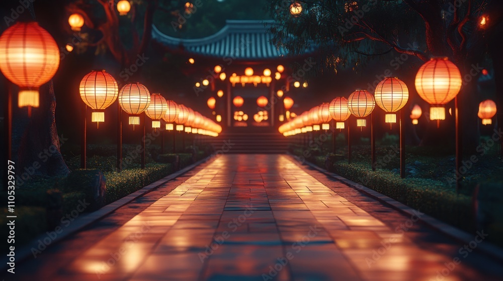 Lantern-lit pathway leading to a temple Lantern-lit pathway leading to a temple
