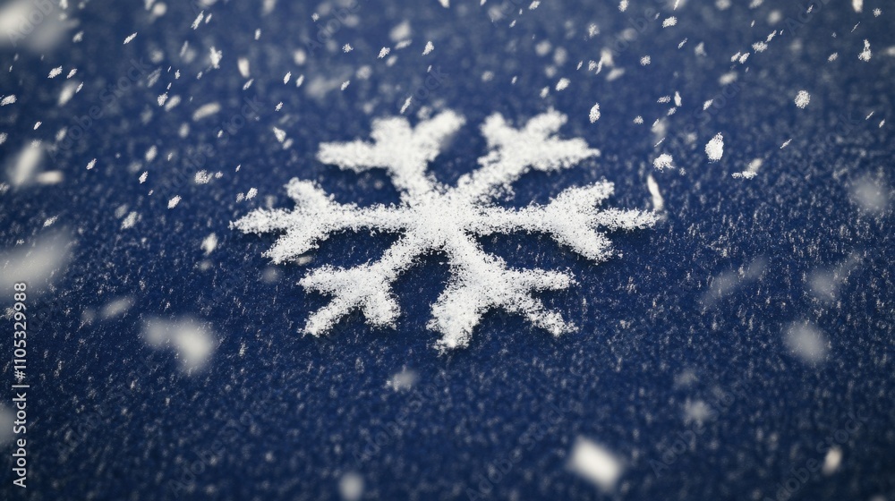 Close-Up of a Single Snowflake Falling Gently Against a Deep Blue Background with Twinkling Snowflakes in the Surrounding Air, Capturing the Beauty of Winter's Natural Wonders Close-Up of a Single Snowflake Falling Gently Against a Deep Blue Background with Twinkling Snowflakes in the Surrounding Air, Capturing the Beauty of Winter's Natural Wonders