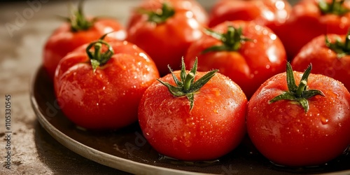 Fresh red tomatoes are arranged on a plate, ready for blanching. The fresh red tomatoes feature cuts to enhance the blanching process, showcasing their vibrant colors and textures. photo