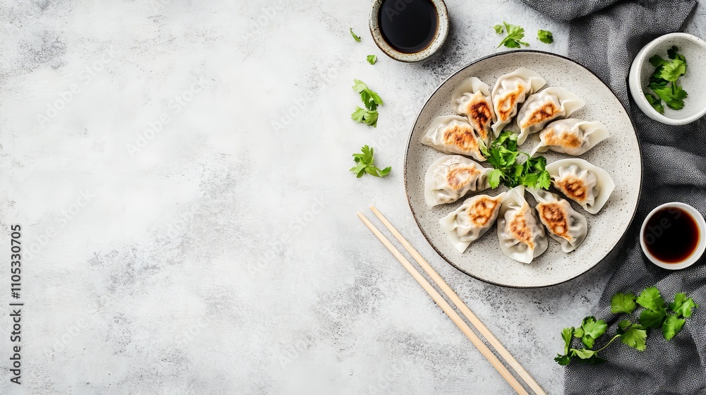 Delicious asian dumplings on rustic plate with soy sauce and cilantro. Delicious asian dumplings on rustic plate with soy sauce and cilantro.