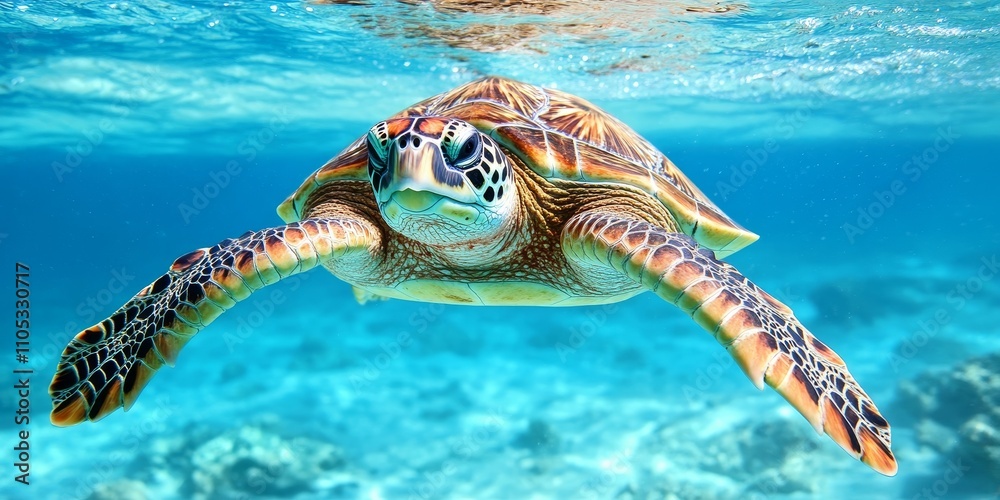Fototapeta premium A detailed closeup of a stunning aquatic turtle gracefully swimming in clear blue waters, showcasing the beauty and elegance of aquatic turtles in their natural habitat.