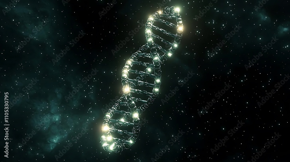 Obraz premium A luminous DNA strand spirals through a dark cosmic space, symbolizing the connection between life and the universe.