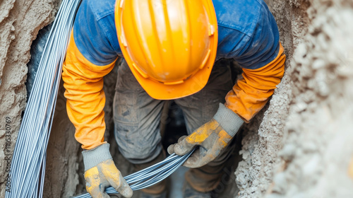 fiber optic installation concept. Construction worker in a trench handling cables with safety gear on.