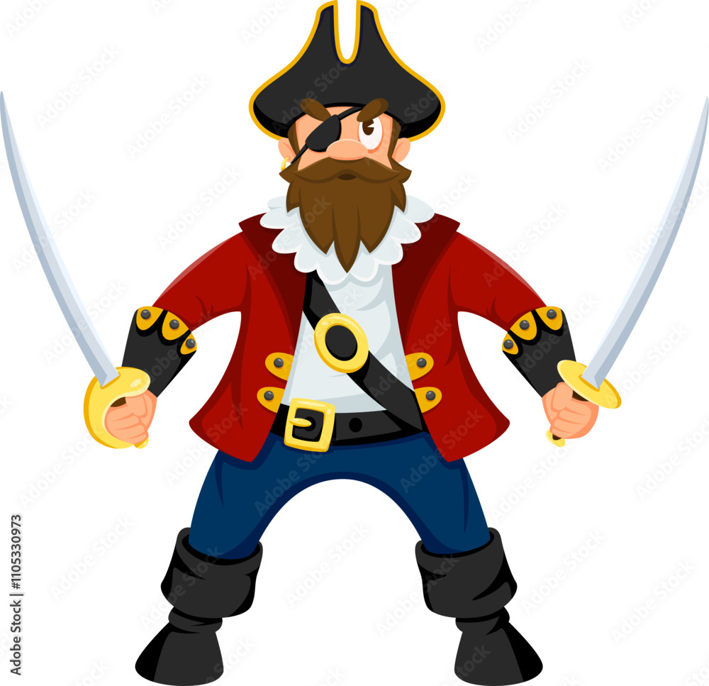 Cartoon pirate, corsair bandit comical character. Caribbean pirate ship skipper isolated vector personage, filibuster bandit captain or corsair sailor happy character with two swords and eye patch Cartoon pirate, corsair bandit comical character. Caribbean pirate ship skipper isolated vector personage, filibuster bandit captain or corsair sailor happy character with two swords and eye patch