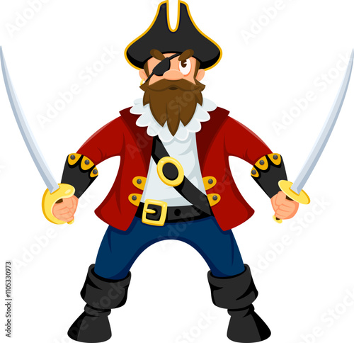 Cartoon pirate, corsair bandit comical character. Caribbean pirate ship skipper isolated vector personage, filibuster bandit captain or corsair sailor happy character with two swords and eye patch
