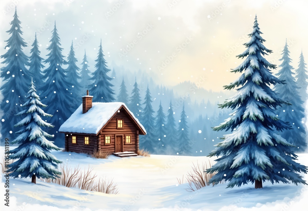 Winter scene shows snowy forest landscape with wooden cabin. Snowy trees line background. Quiet, cozy scene. Ideal for holiday cards, posters, prints. Peaceful winter day in forest. Snow falling Winter scene shows snowy forest landscape with wooden cabin. Snowy trees line background. Quiet, cozy scene. Ideal for holiday cards, posters, prints. Peaceful winter day in forest. Snow falling