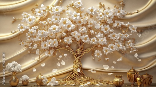 Golden tree with white flowers. Luxury 3D floral design. Elegant wallpaper design. Decorative tree with rich gold color. White petals, flowers spread around. Luxury home decor. Art deco style. Modern photo