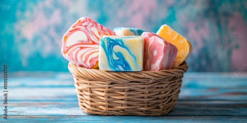 Homemade soaps with a beautiful marble pattern are drying in a basket, showcasing their unique designs against a bright wooden background for an appealing display. Homemade soaps with a beautiful marble pattern are drying in a basket, showcasing their unique designs against a bright wooden background for an appealing display.