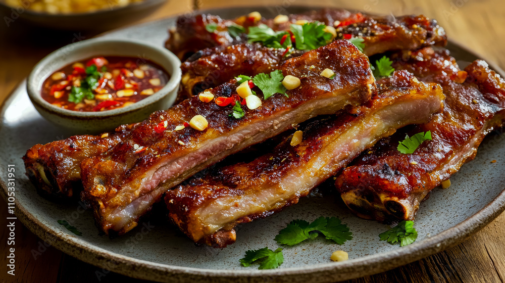 Plate of golden Thai-style fried pork ribs crispy and seasoned with traditional Thai spices. Plate of golden Thai-style fried pork ribs crispy and seasoned with traditional Thai spices.