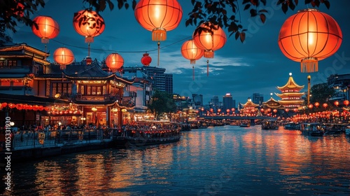 Lantern-lit riverside festival under full moon