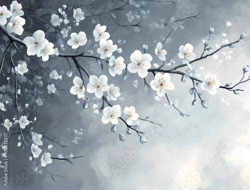 Fototapeta Naklejka Na Ścianę i Meble -  Chinese-style background, gray and white flowers hanging on the branches, Chinese landscape painting, gray tone