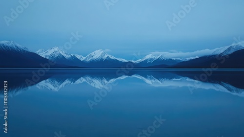 Snow-capped mountains reflecting on a pristine alpine lake at dusk