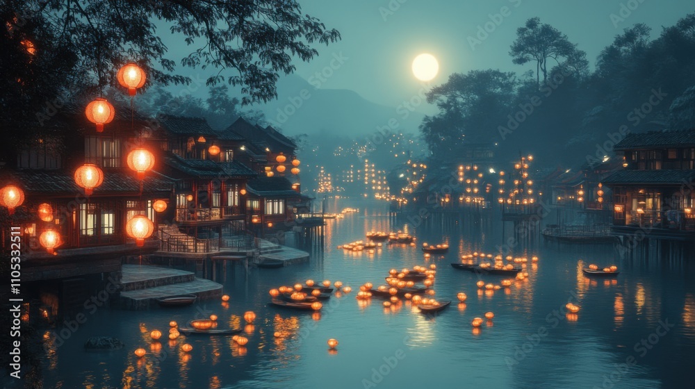 Lantern-lit riverside village under moonlight Lantern-lit riverside village under moonlight
