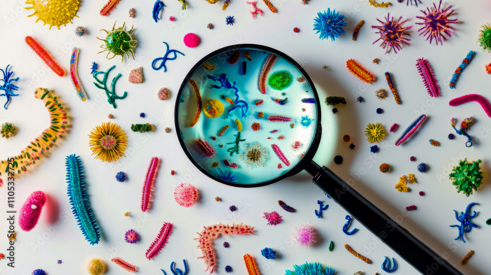 Fototapeta premium Detailed illustration of bacteria viewed through a magnifying glass, showing colorful microscopic organisms with various shapes and textures.