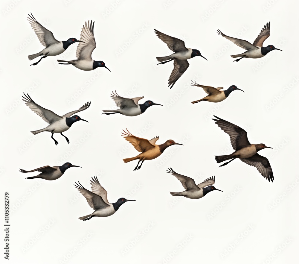 Flock of birds in flight. Watercolor illustration of birds flying in sky. Variety of bird species in different shades of gray, brown. Wings spread wide. Sky background plain white. Nature scene.