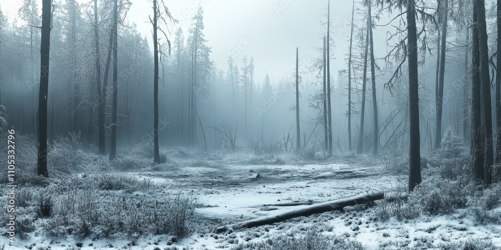 Fototapeta premium Winter in a dying wild forest showcases the stark beauty of nature s struggle, emphasizing the impact of the season on the wild forest and its fragile ecosystem. The dying wild forest tells a powerful