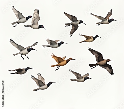 Obraz na płótnie Flock of birds in flight. Watercolor illustration of birds flying in sky. Variety of bird species in different shades of gray, brown. Wings spread wide. Sky background plain white. Nature scene. w salonie