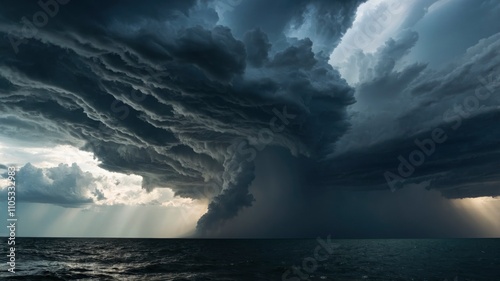 Cloudy storm in the sea before rainy.tornado storms cloud above the sea. Monsoon season. Storm in the sea.Wonder of natural disaster.Cloud before rain,Sky before the storm.use for background wallpaper photo