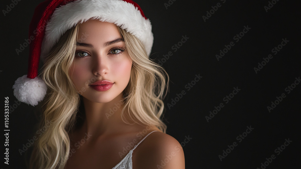 A beautiful female model in a white dress and a Santa hat against a black background A beautiful female model in a white dress and a Santa hat against a black background