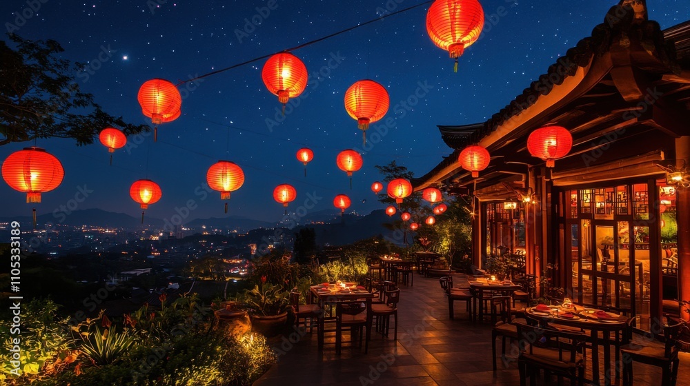 Lantern-lit hillside terraces under stars Lantern-lit hillside terraces under stars