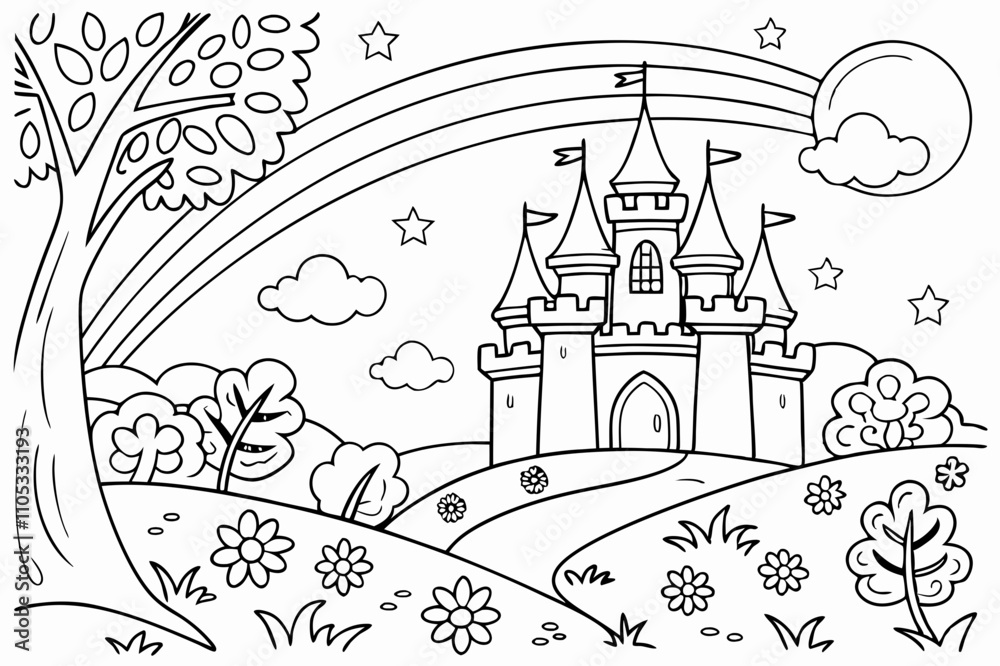 Fototapeta premium Magical Fantasy Coloring Pages with Fairies, Dragons, and Castles