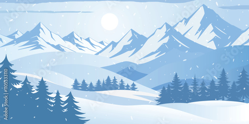 Winter mountain landscape, snowdrifts and trees, sun and snowfall, vector illustration