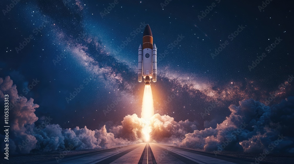 Spaceship launching from a futuristic spaceport under a star-filled sky Spaceship launching from a futuristic spaceport under a star-filled sky