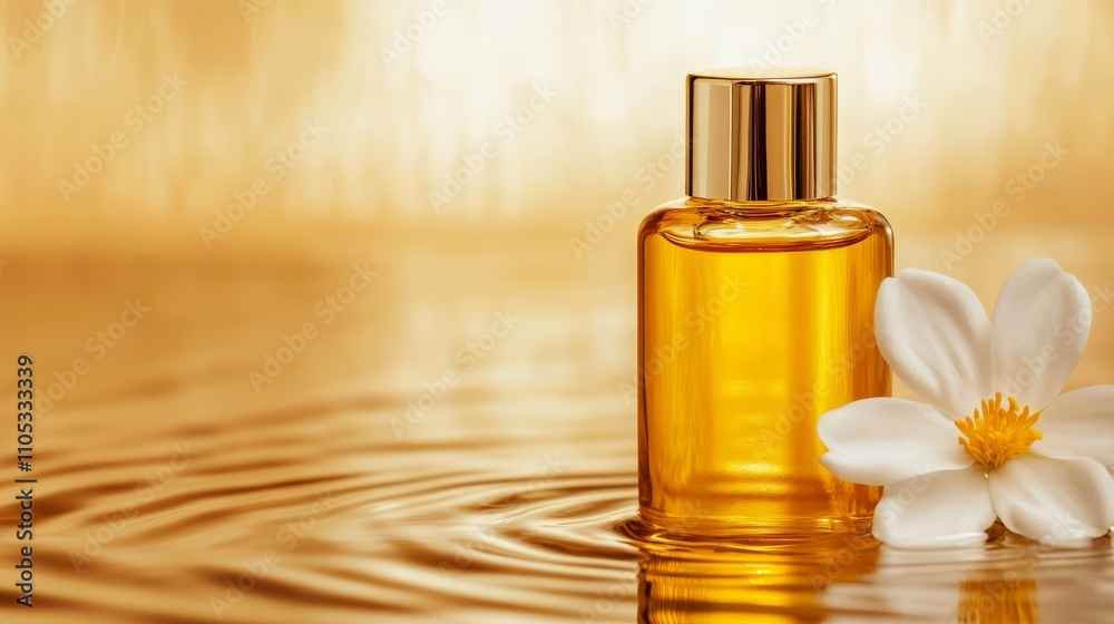 Naklejka premium close up of golden moisturizer in small bottle with copy space.