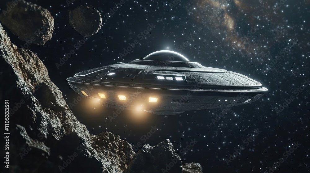 Spaceship scanning an unknown object floating in deep space