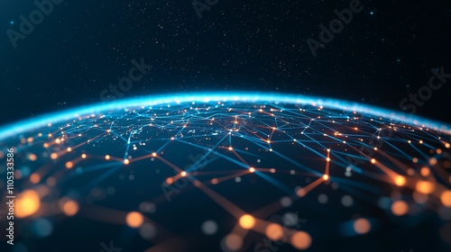 fiber optic installation concept. Digital visualization of a networked globe with vibrant connections and glowing nodes.