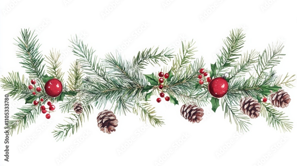 christmas branches border with christmas decorations on white background christmas branches border with christmas decorations on white background