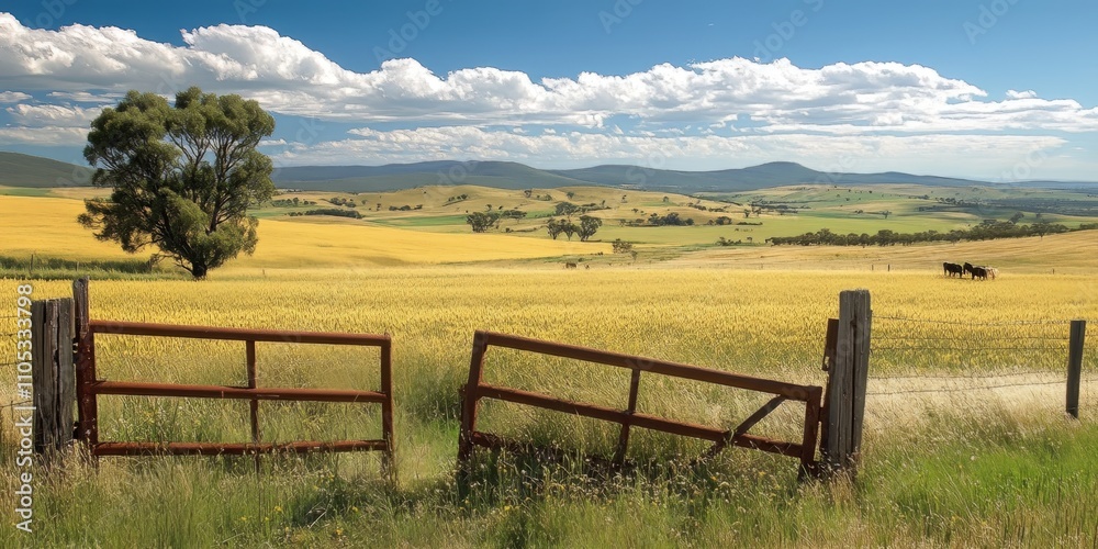 Obraz premium Rusty gates lead to expansive wheat fields, while canola crops and grazing livestock can be seen nearby, showcasing the idyllic rural landscape with rusted gates as a focal point.