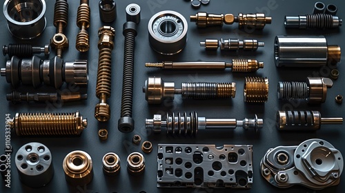 Motorcycle mechanical spare parts on black background. top view.