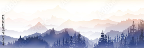 Sunrise in the mountains, misty silhouettes of ridges, panoramic view, vector illustration