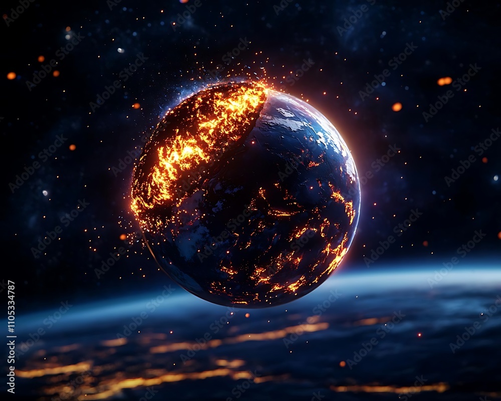A fiery, partially destroyed Earth floats in space, surrounded by glowing debris against a dark, starry backdrop, suggesting a cosmic disaster. A fiery, partially destroyed Earth floats in space, surrounded by glowing debris against a dark, starry backdrop, suggesting a cosmic disaster.