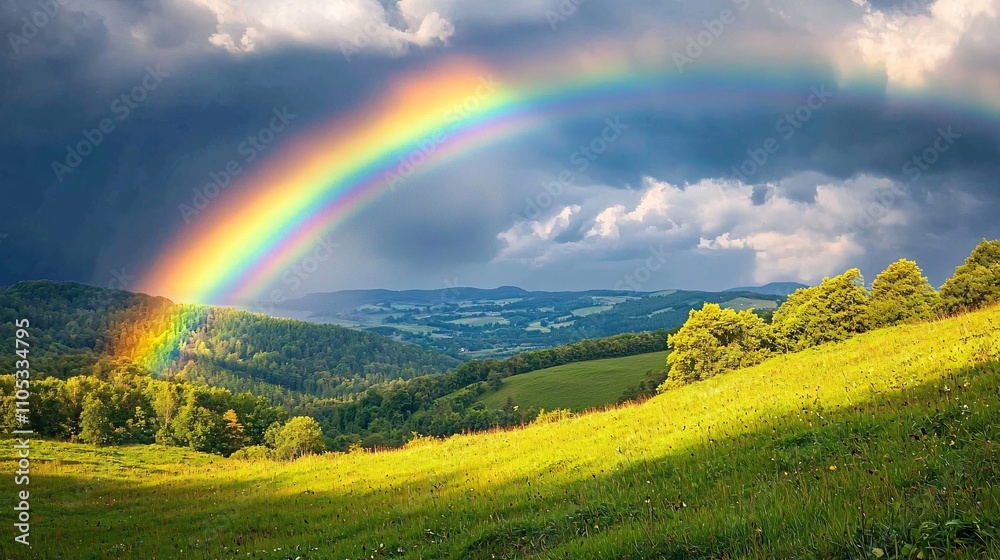 Naklejka premium Majestic Rainbow Over Stormy Valley Captured in Stunning Detail