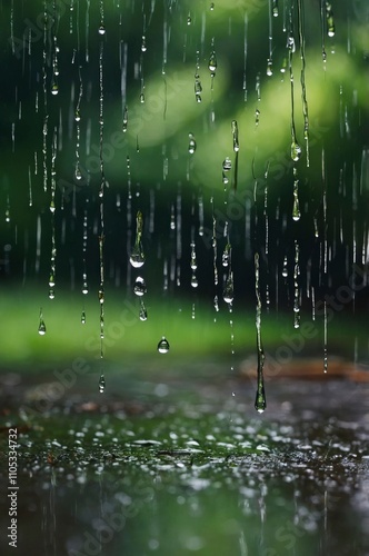 Green background. Rain on long exposure. Garden and drops of a rain. Trees in defocus photo