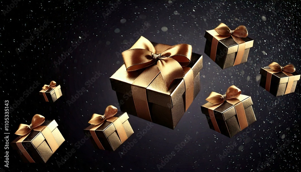 Small golden gift boxes decorated with golden bows drifting against a dark background with a soft snow effect Small golden gift boxes decorated with golden bows drifting against a dark background with a soft snow effect