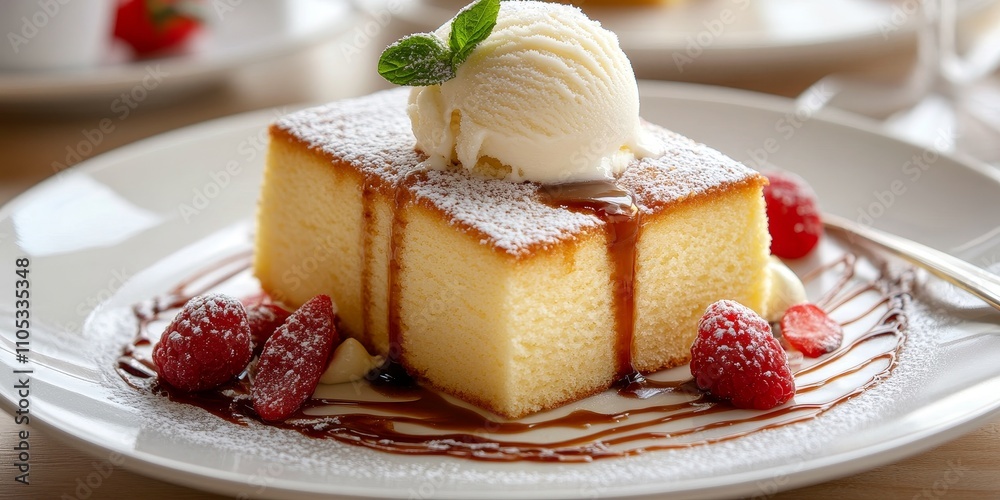 Sponge cake served with fresh ice cream and drizzled with sweet sauce on a porcelain plate highlights the deliciousness of sponge cake, making it an indulgent dessert choice. Sponge cake served with fresh ice cream and drizzled with sweet sauce on a porcelain plate highlights the deliciousness of sponge cake, making it an indulgent dessert choice.
