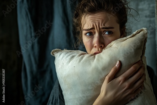 A young woman clutches a pillow with a fearful expression. The intimate scene captures vulnerability and emotion. It is perfect for storytelling and drama. Generative AI. photo