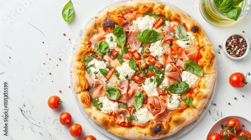 Tasty pizza with burrata cheese, basil, ham, and veggies on white marble table, top-down view