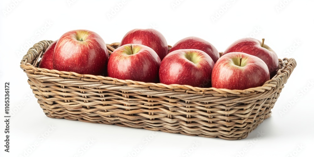 Fresh red apples displayed in a wicker basket, elegantly isolated against a clean white background, highlighting the vibrant color of the red apples and their natural appeal. Fresh red apples displayed in a wicker basket, elegantly isolated against a clean white background, highlighting the vibrant color of the red apples and their natural appeal.